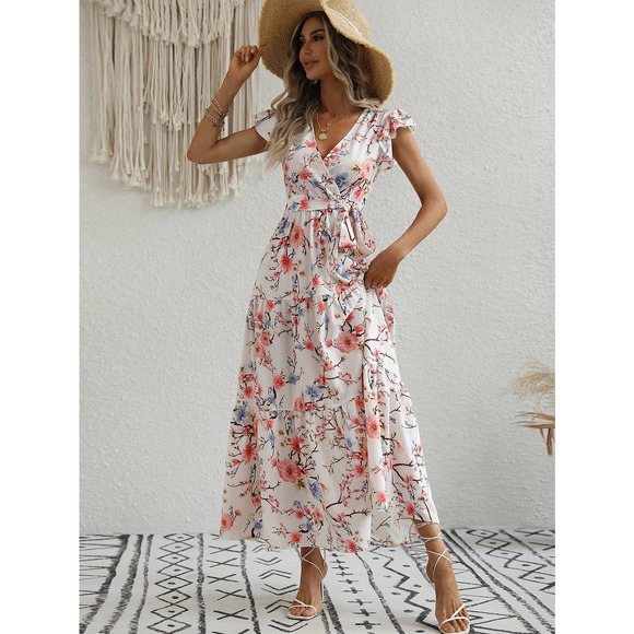 Dresses & Skirts - Floral Print Butterfly Sleeve Ruffle Hem Belted maxi Dress white pink
